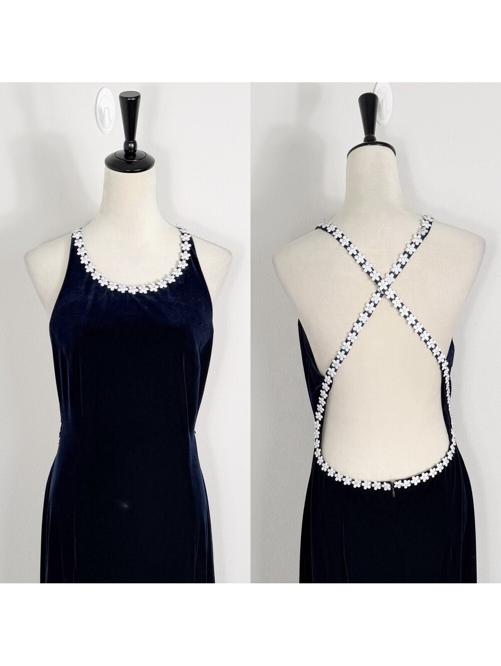 Vintage 90s Velvet Maxi Dress Navy Blue Floral Beaded Open Back Whimsygoth 13/14